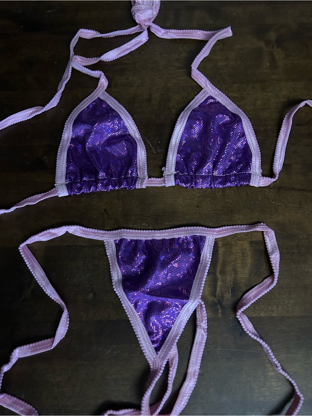 NWOT Sexy Skimpy Handmade Purple w/ Pink Piping Tri-Top Y-String Bottom Bikini